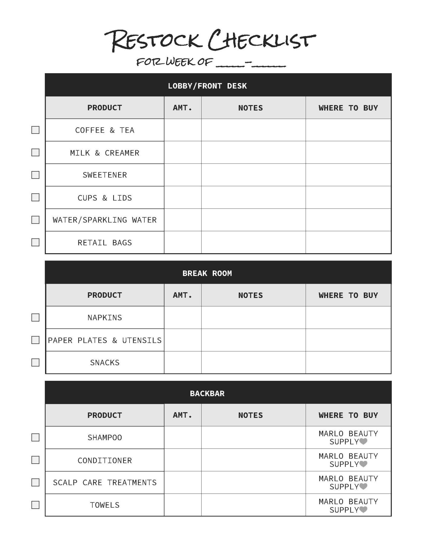 Salon Restock Checklist